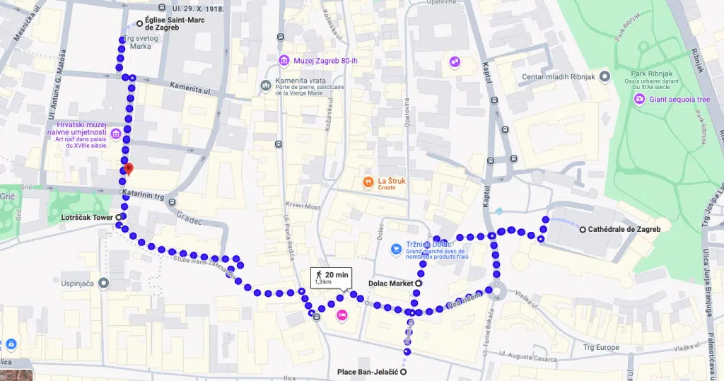 Itinéraire jour 1 dans Zagreb